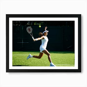 Tennis Player In Dynamic Forward Motion Mid Service Shadow Elongated On Outdoor Hard Court Late A (7) Art Print