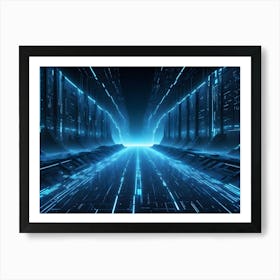 A Futuristic, Neon Lit Tunnel With Glowing Blue Lines, Creating A Sense Of Depth And Speed, With A Bright Light At The End Art Print