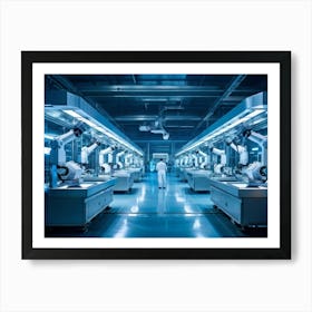 Ai Enhanced Factory Interior Illuminated By Soft Blue Light Robotic Arms Intricately Assembling Com (3) Art Print