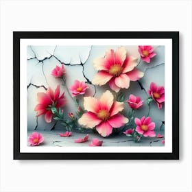 Pink Flowers On Cracked Wall Art Print