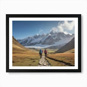 Two People Hiking In The Mountains Art Print