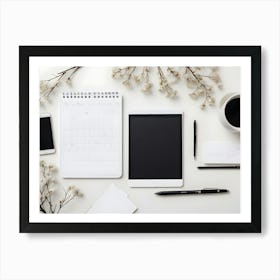 A Minimalist Flat Lay Image Of A Smartphone, Tablet, Notebook, Pens, A Cup Of Coffee, And White Flowers On A White Surface Art Print