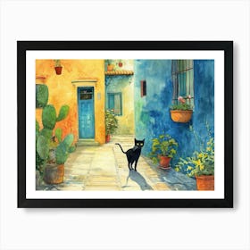 Black Cat In Latina, Italy, Street Art Watercolour Painting 1 Art Print