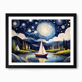 A Boat In Moonlight Art Print