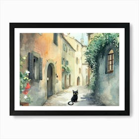 Black Cat In Brescia, Italy, Street Art Watercolour Painting 3 Art Print