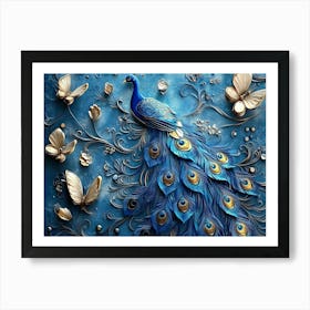 3d Artwork Background Blue Peacock Art With Butterfly Art Print