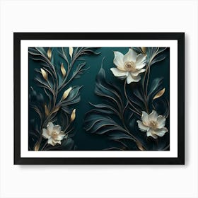 3d Modern Artwork Painting Abstraction Art with White, Dark Green and Golden Flowers Art Print