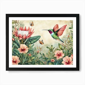 Vintage Tropical Background With Protea, Hibiscus Flowers, Leaves, Hummingbirds, Butterflies 2 Art Print