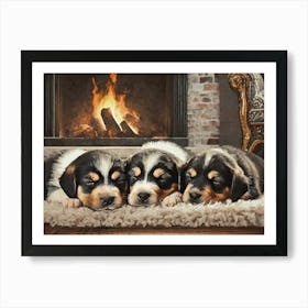 Cosy Puppies by the fire 1 Art Print