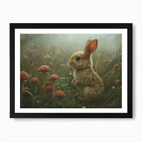 photography of a rabbit in a Whimsical woodland – soft golden light, earthy browns – cozy and enchanting nature – in the style of storybooks – ideal for nurseries, forest themed rooms, or cozy bedrooms Art Print