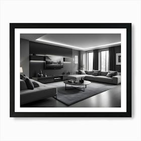 A Modern Living Room With A Gray Sofa, A Large Tv, And A Gray Accent Wall With Lighting Art Print