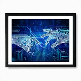 Abstract Cyber Concept Art Depicting A Human Hand And Artificial Intelligence Robotic Finger Almost (5) Art Print