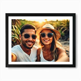 Happy Couple Taking Selfie At The Beach Art Print