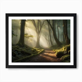 A Misty Morning Stroll in a Lush Forest Art Print