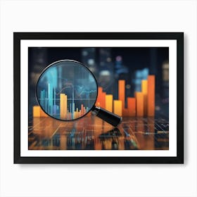 Magnifying Glass Focusing On A Rising Bar Graph, With A City Skyline In The Background, Representing Financial Analysis And Growth 1 Art Print