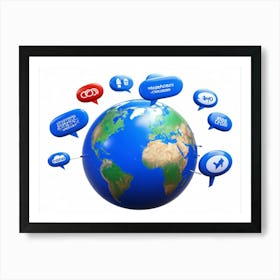 Blue Globe Three Dimensional Icon Designs Of A Speech Bubble And A Translator Symbol Fused Into The (2) Art Print