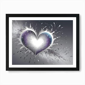 Abstract Image Of A White Heart With A Glowing Purple And Blue Center Surrounded By White, Feathery Swirls And Black Splatters Art Print