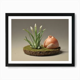 A Still Life Image Featuring A White Flower And A Brown Bulb On A Mossy Base Against A Beige Background Art Print