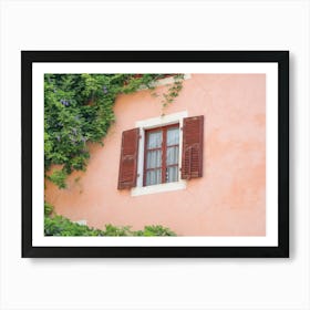 Summer vintage window with shutters on a pink wall with green Ivy in Italy - nature and travel photography by Christa Stroo photography Art Print