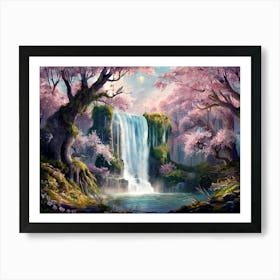 Majestic Waterfall Cherry Blossom Forest Painting #6 Art Print