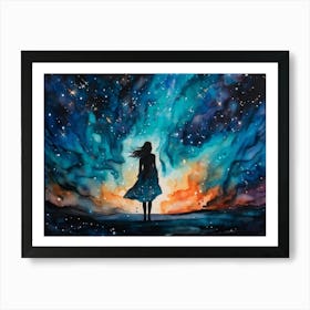 Watercolor Of A Woman Silhouette Infused With The Cosmos Standing Before The Vastness Of The Unive Art Print