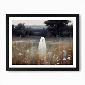 Cute Bedsheet Ghost In Flower Landscape Vintage Style, Halloween Spooky 3 Art Print
