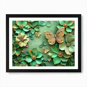 Green Flowers And Butterflies Art Print