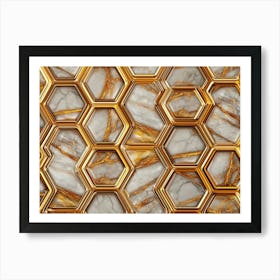 3d Lattice Gold Hexagon with Marble Texture Abstract Glass Seamless Pattern Art Print