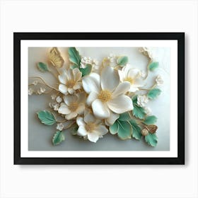 Excellent 3d Art Abstract Floral Background with Green Flowers and Golden Butterfly Art Print