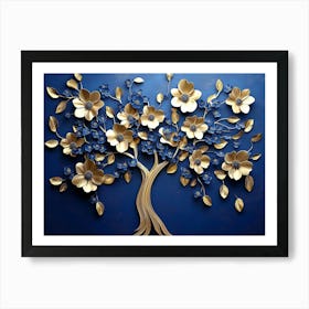 Elegant Gold and Royal Blue Floral Tree with Seamless Leaves and Flowers Hanging Branches 3 Art Print