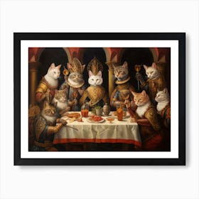 Royal Gold Cats Feasting On A Banquet Art Print