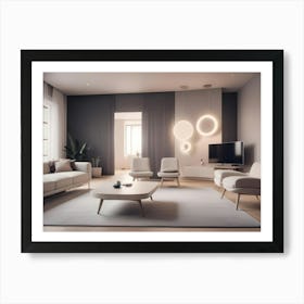 A Modern Living Room With A White Sofa, Two White Armchairs, And A Tv Art Print