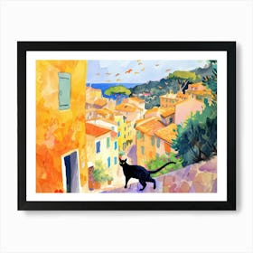 Cannes, France   Cat In Street Art Watercolour Painting 4 Art Print