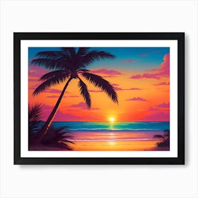 A Tranquil Beach At Sunset Horizontal Illustration 15 Art Print