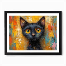 Whiskered Masterpieces: A Feline Tribute to Art History: Black Cat With Yellow Eyes Art Print