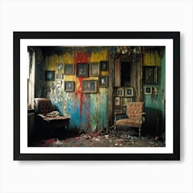 Interior Of A Vintage Horror Inspired Room With Rainbow Hued Aged Grunge Wallpaper Peeling Away To (2) Art Print