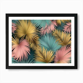 Tropical Colorful Textured Palm Leaves, Golden, Pink, Green 2 Art Print