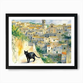 Black Cat In Matera, Italy, Street Art Watercolour Painting 1 Art Print