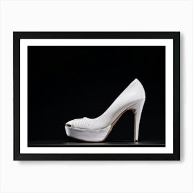 Ladies Shoe Predominantly White Exhibits Elegance And Style Stark Against A Black Background Ra Art Print