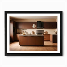 A Modern Kitchen With Brown Cabinets, A White Countertop, And A Wooden Floor Art Print