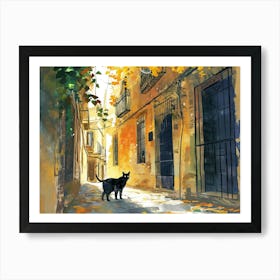 Cadiz, Spain   Cat In Street Art Watercolour Painting 2 Art Print