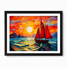 Boat In Light Red Seas Art Print