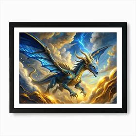 Blue Dragon With Gold Accents Flying Through The Clouds Art Print