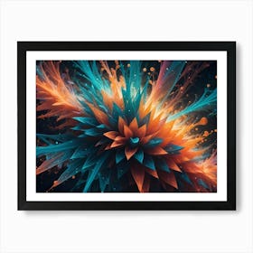 Two Glowing, Abstract Flowers In Orange And Blue, Radiating Light And Delicate Fractal Patterns Against A Dark Background Art Print