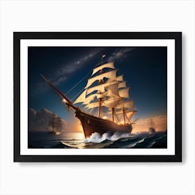 Sailing Ship At Night Art Print