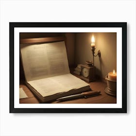 A Still Life With A Vintage Book, A Pen, And Two Lit Candles On A Wooden Table Art Print