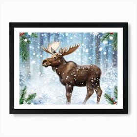 Scandinavian Art Illustration Depicting Baby Moose In Snowy Clearing Antlers Festooned With Twinkli Art Print