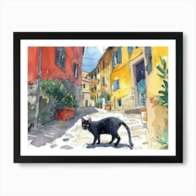 Ajaccio, France   Black Cat In Street Art Watercolour Painting 2 Art Print