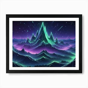 A Glowing, Green Wireframe Mountain Range Under A Starry Night Sky With Shooting Stars Art Print