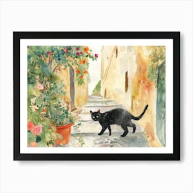 Black Cat In Catania, Italy, Street Art Watercolour Painting 1 Art Print